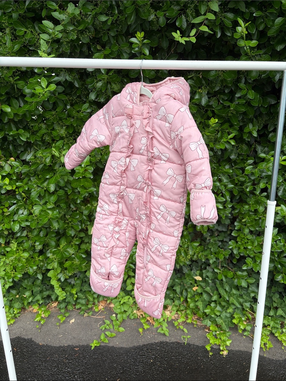 Pink Quilted Bow-Print Kids One-Piece Snowsuit